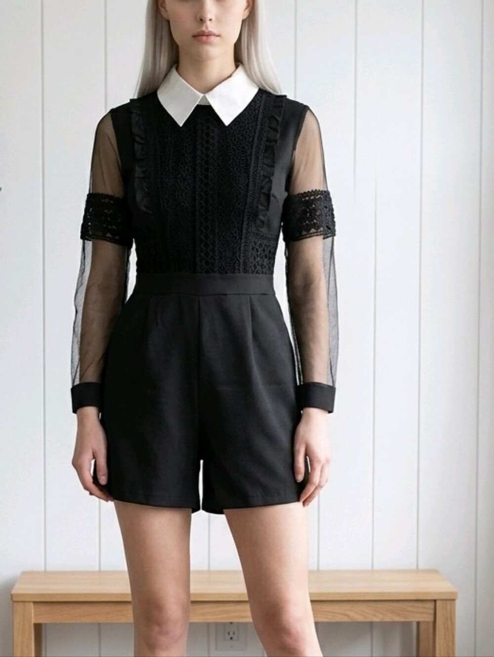 Hauterogue Black Lace Playsuit with Cream Collar Detail